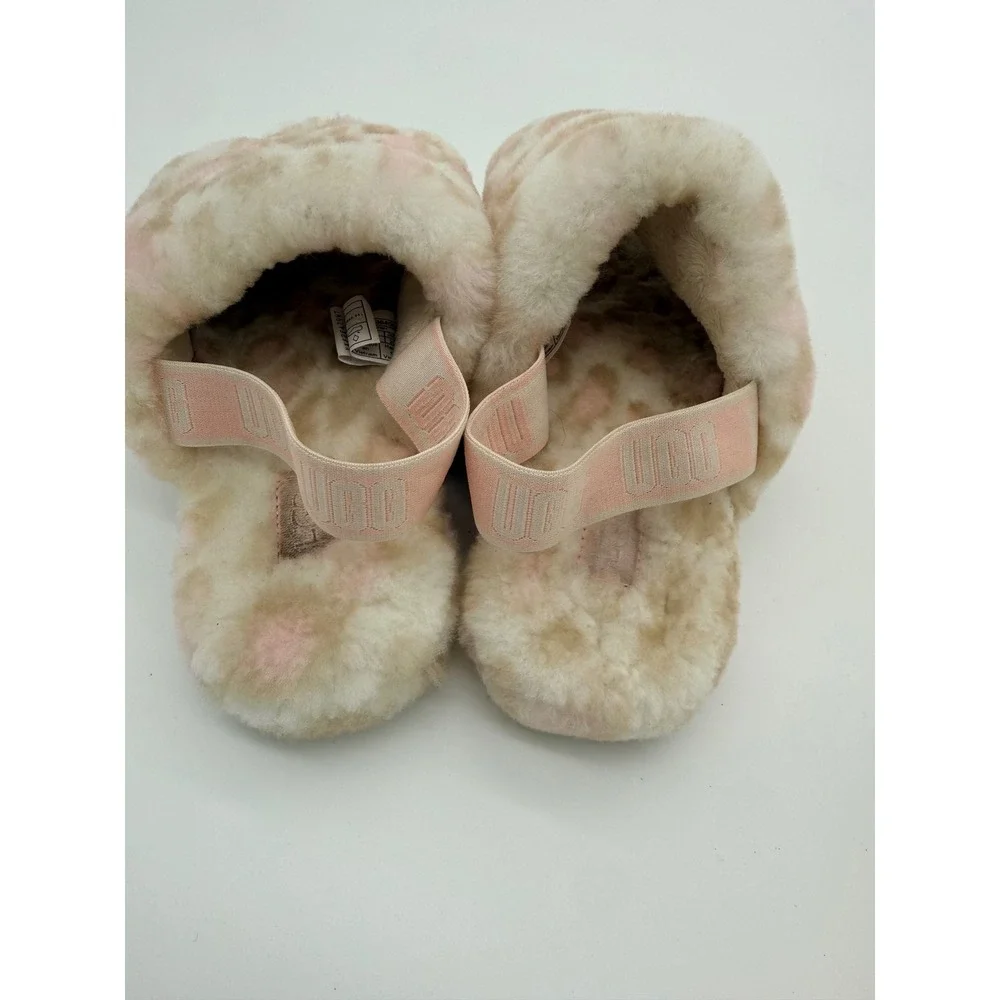 UGG Kids Fluff Yeah Leopard Tan Pink‎ Sheepskin Slide Sandals Size 5Y